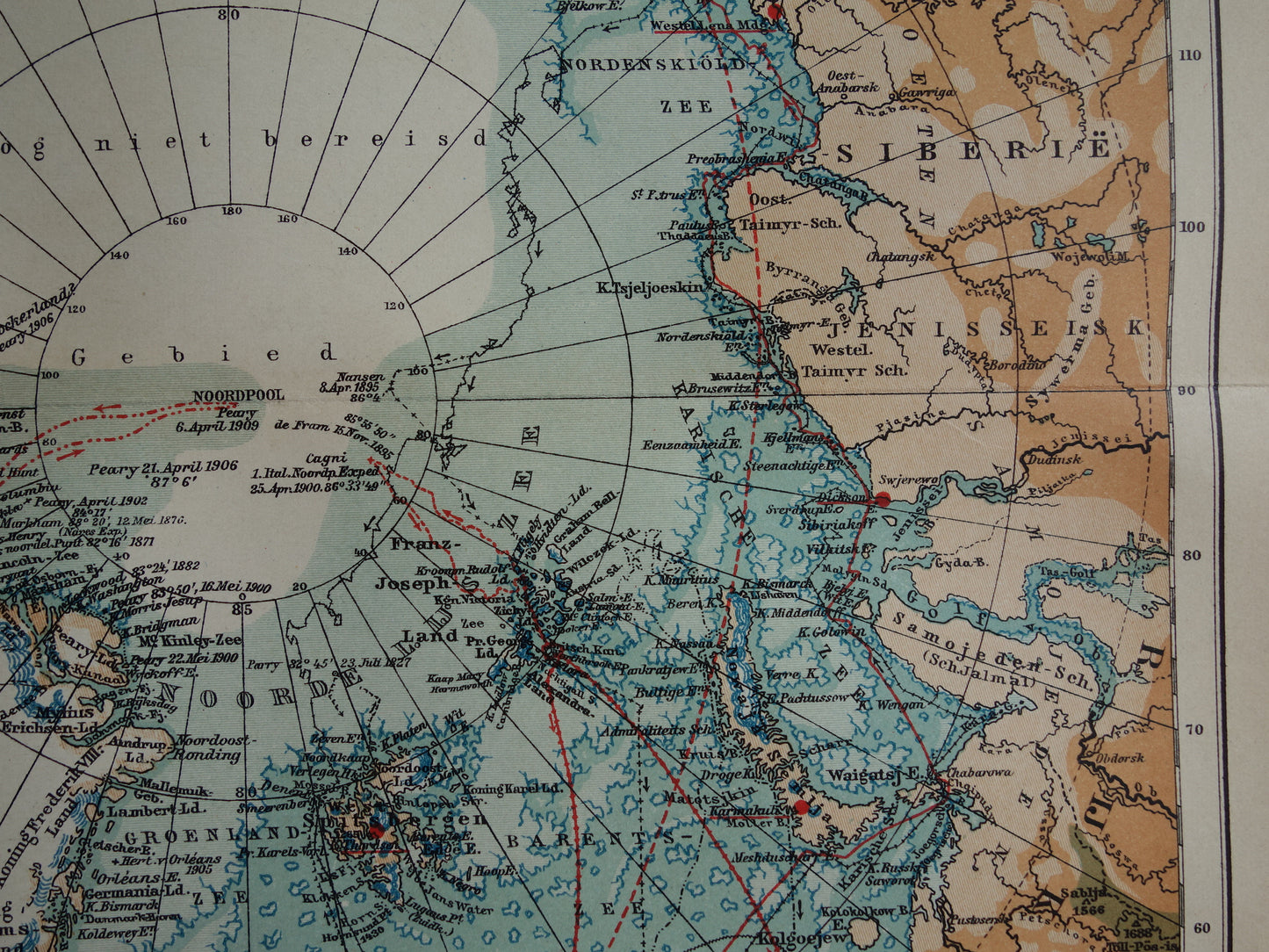 Oude kaart van de Noordpool 1910 originele antieke Nederlandse landkaart Groenland Spitsbergen