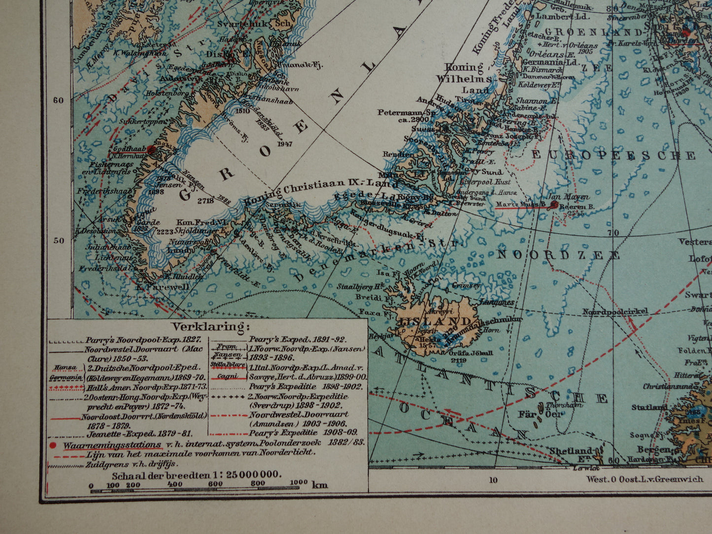 Oude kaart van de Noordpool 1910 originele antieke Nederlandse landkaart Groenland Spitsbergen