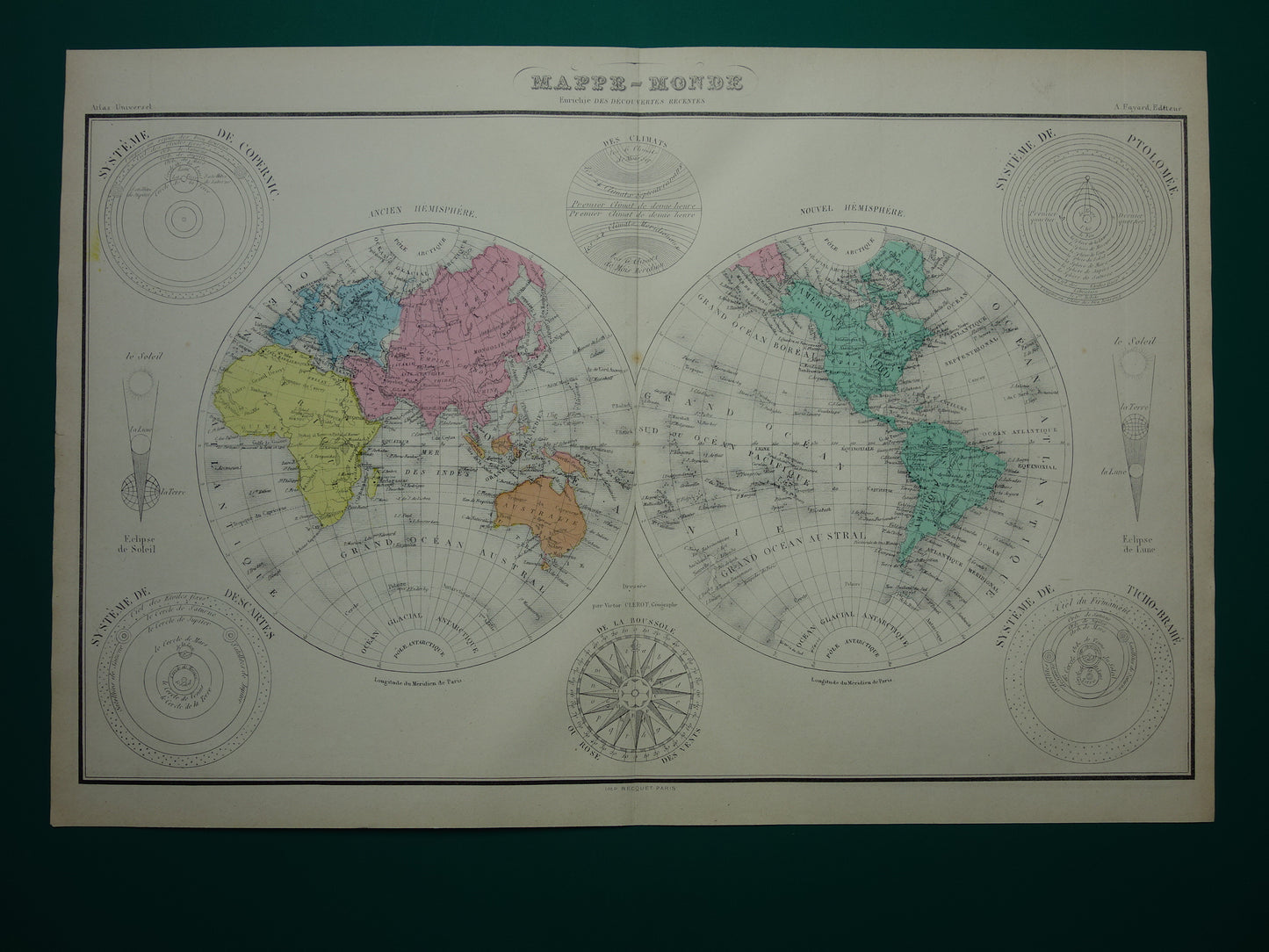 Antieke Wereldkaart uit 1877 originele Franse oude kaart van de wereld