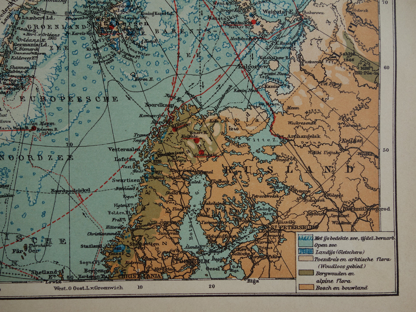 Oude kaart van de Noordpool 1910 originele antieke Nederlandse landkaart Groenland Spitsbergen