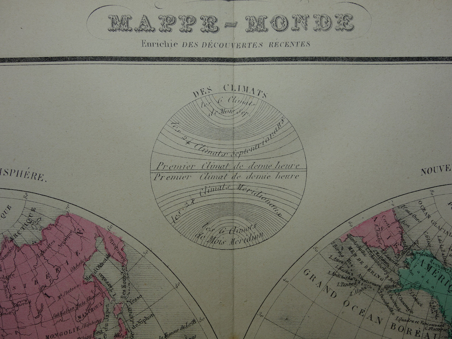 Antieke Wereldkaart uit 1877 originele Franse oude kaart van de wereld