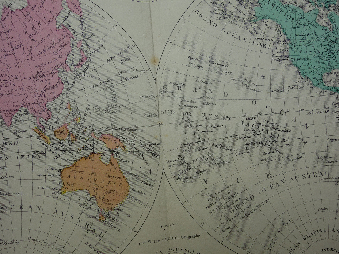 Antieke Wereldkaart uit 1877 originele Franse oude kaart van de wereld