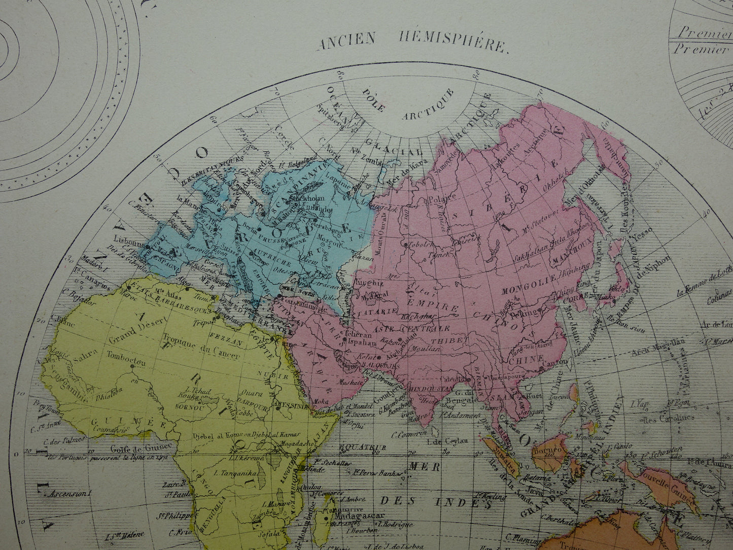 Antieke Wereldkaart uit 1877 originele Franse oude kaart van de wereld