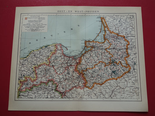 Oude kaart van Polen Kaliningrad 1910 originele antieke Nederlandse landkaart Pruisen Gdańsk