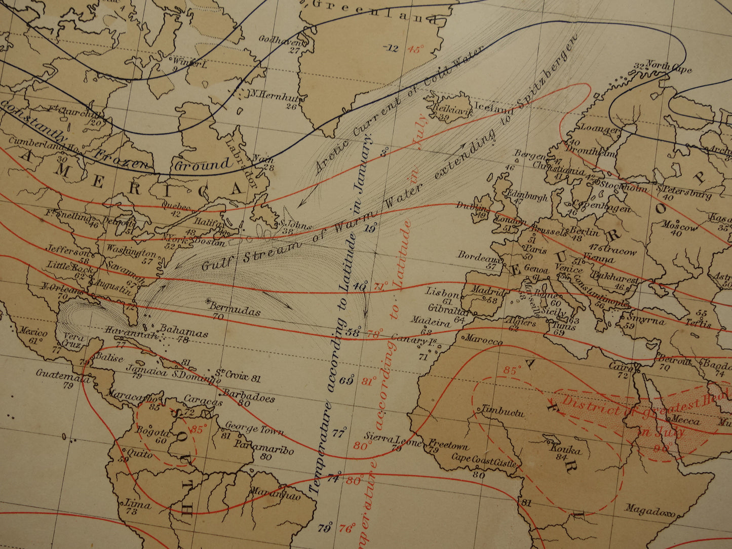 WERELDKAART oude kaart over klimaat Originele antieke Engelse kaart gemiddelde temperatuur aarde landkaarten