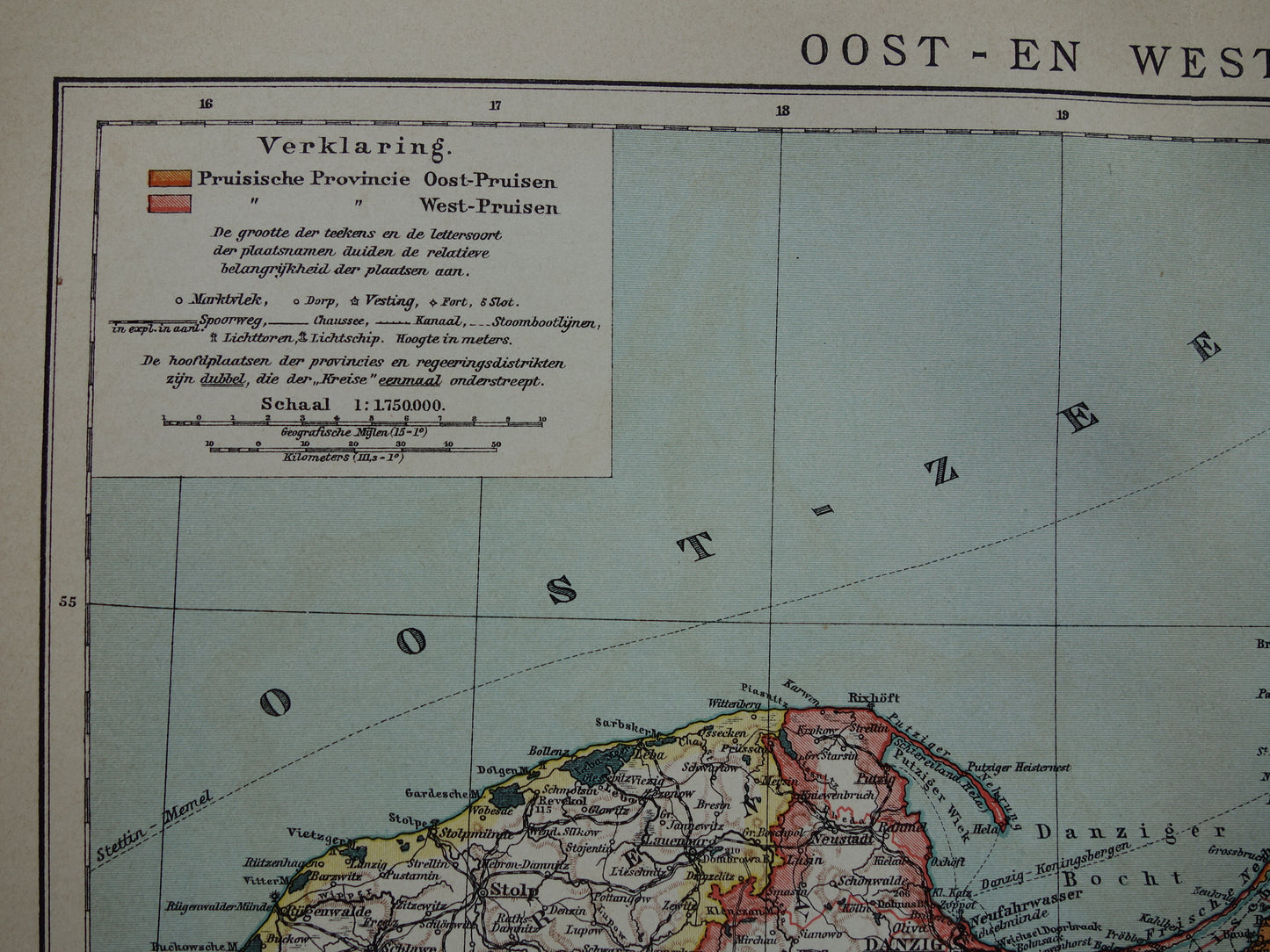 Oude kaart van Polen Kaliningrad 1910 originele antieke Nederlandse landkaart Pruisen Gdańsk