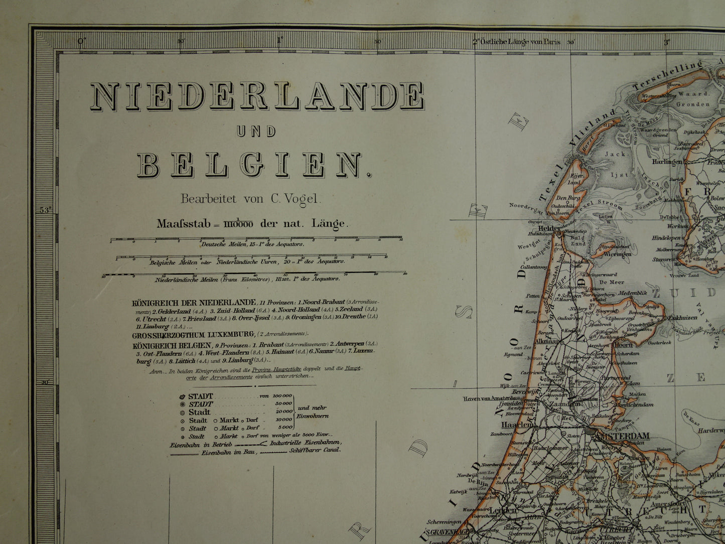 Oude landkaart van NEDERLAND en BELGIË in 1884 Antieke Duitse kaart Benelux vintage poster met jaartal