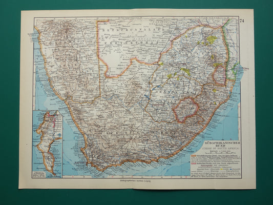 Oude kaart van Zuid-Afrika in 1928 originele Duitse vintage historische landkaart Zuid Afrikaanse Bond