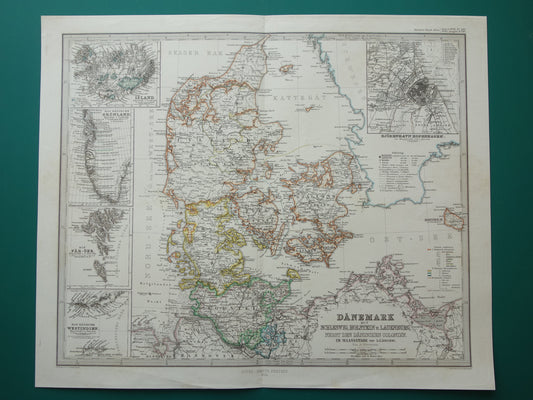DENEMARKEN oude kaart van Denemarken uit 1864 originele antieke landkaart Kopenhagen vintage kaarten met jaartal