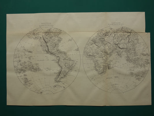 WERELDKAART oude kaart van de Wereld uit 1860 Originele antieke Engelse landkaart z/w