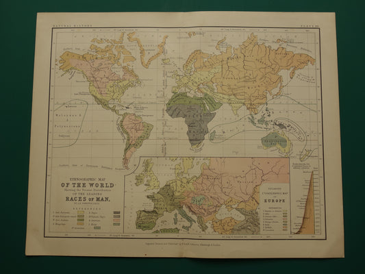 Vintage WERELDKAART oude etnografische kaart van de Wereld uit 1879 Antieke print Antropologie Volkenkunde Ethnologie Menselijke Rassen