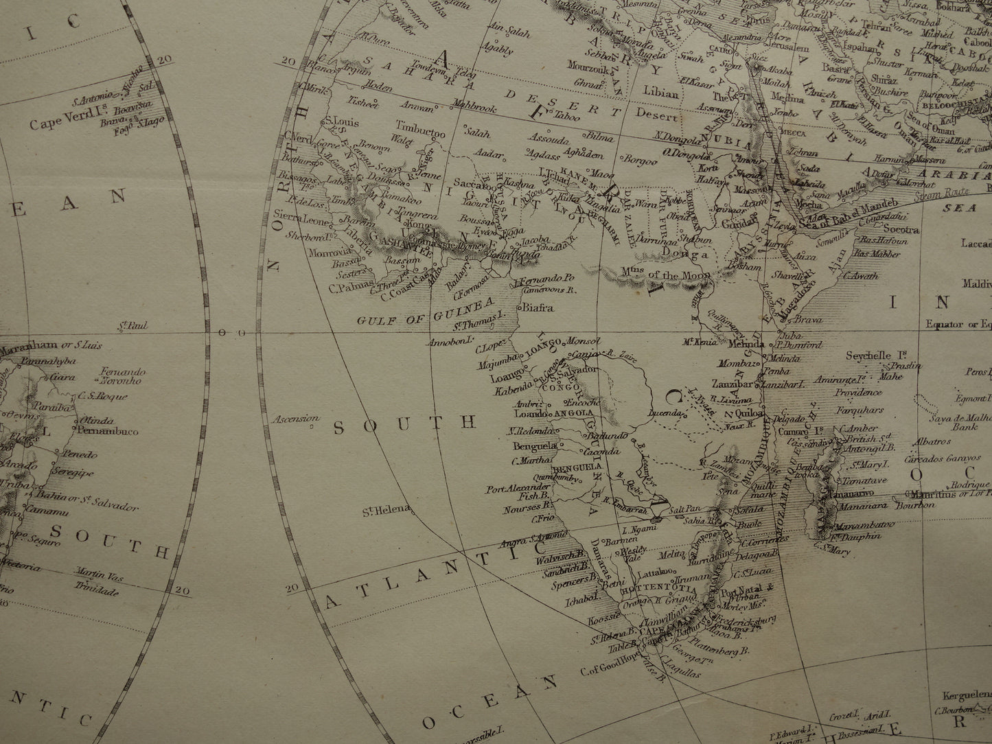 WERELDKAART oude kaart van de Wereld uit 1860 Originele antieke Engelse landkaart z/w