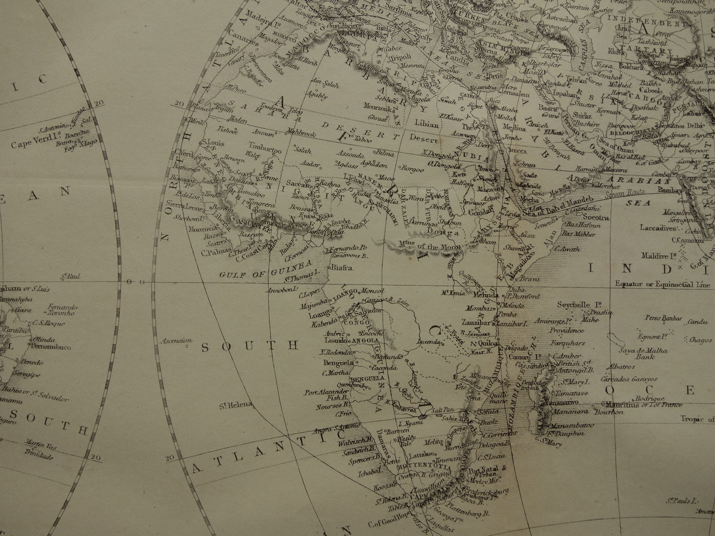 WERELDKAART oude kaart van de Wereld uit 1860 Originele antieke Engelse landkaart z/w