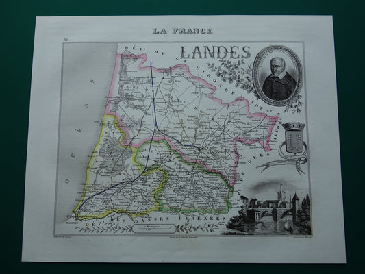 Oude kaart van Landes departement in Frankrijk uit 1856 originele antieke handgekleurde landkaart Mont de Marsan