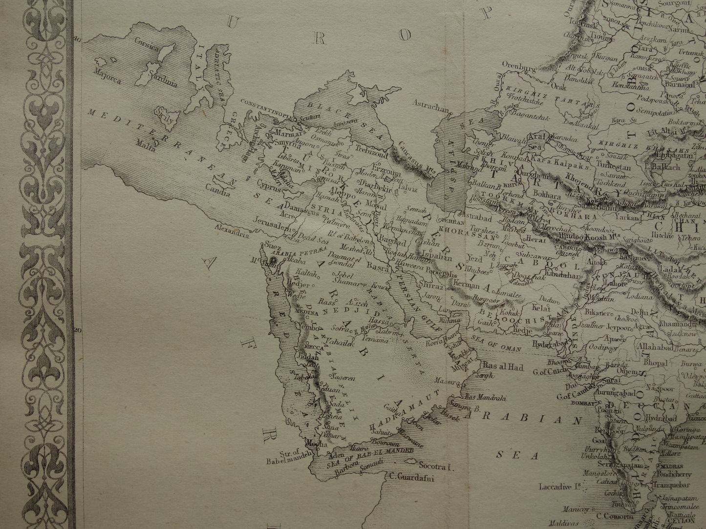 Azië oude kaart van Azië uit 1860 Originele antieke Engelse landkaart z/w continent Azië