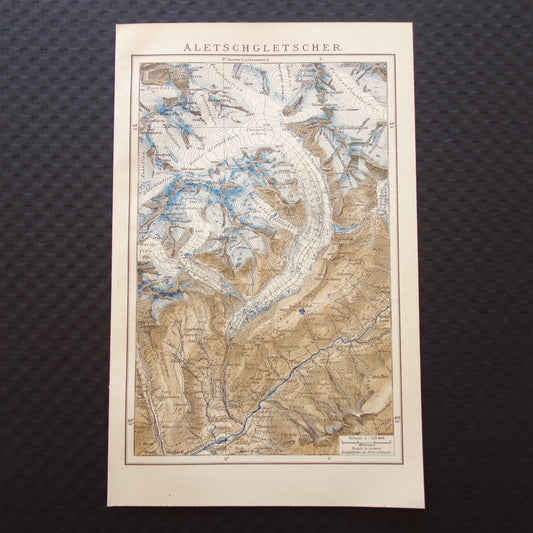 Oude kaart van de Aletschgletsjer uit 1908 originele vintage landkaart Aletschgebied Zwitserland