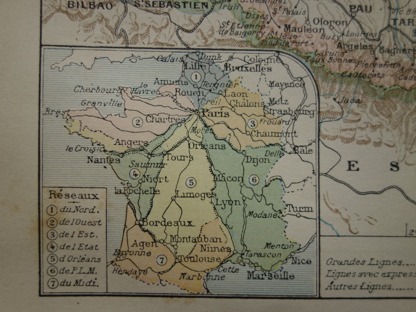 Oude kaart van Frankrijk met spoorwegen Antieke landkaart uit 1902 Vintage kaarten Franse spoorlijnen