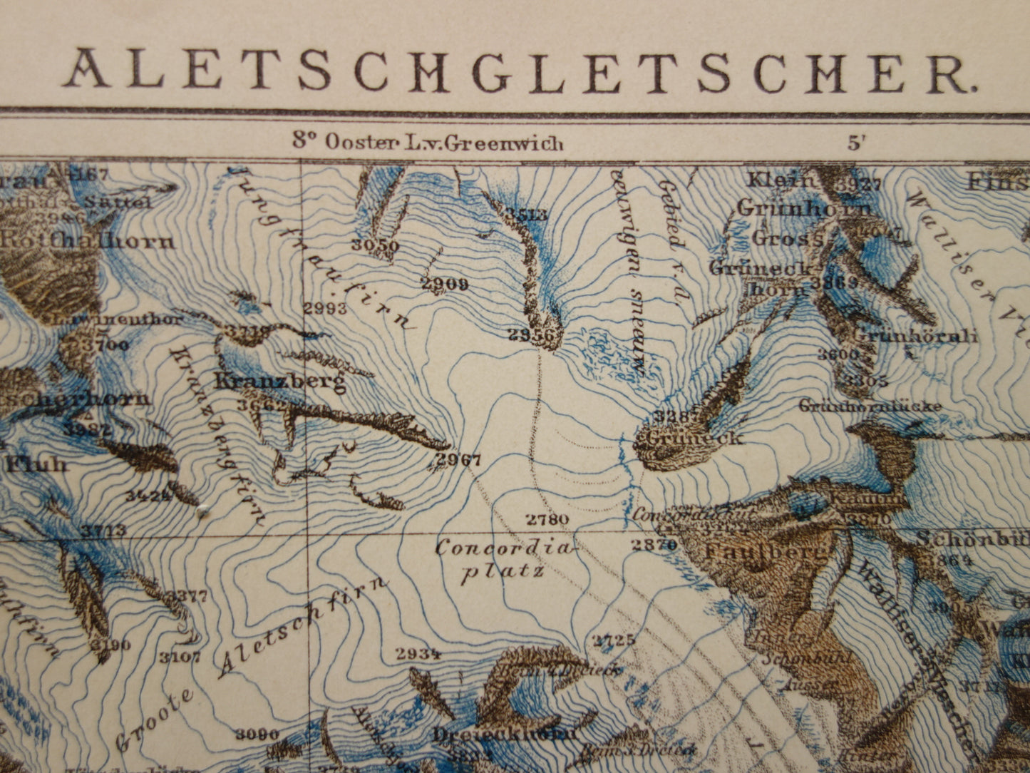 Alte Karte des Aletschgletschers von 1908, Originalkarte aus der Aletschregion in der Schweiz