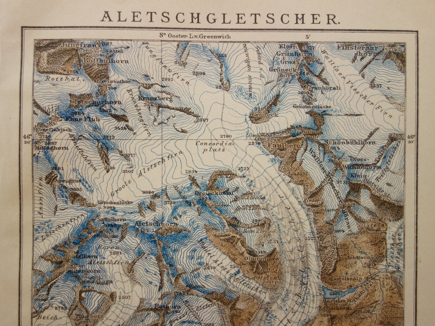 Alte Karte des Aletschgletschers von 1908, Originalkarte aus der Aletschregion in der Schweiz