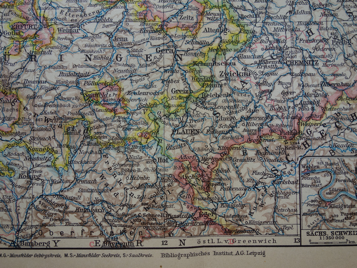 Thüringen en Saksen oude landkaart van Duitsland uit 1931 originele vintage kaart Leipzig Dresden Halle