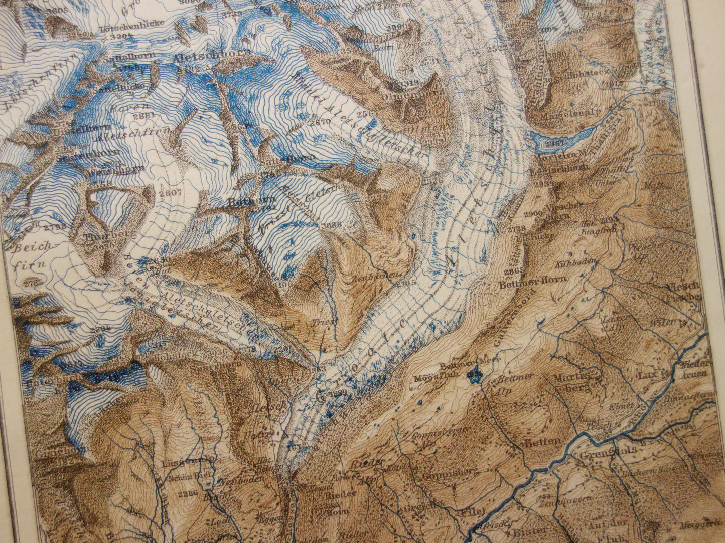 Alte Karte des Aletschgletschers von 1908, Originalkarte aus der Aletschregion in der Schweiz