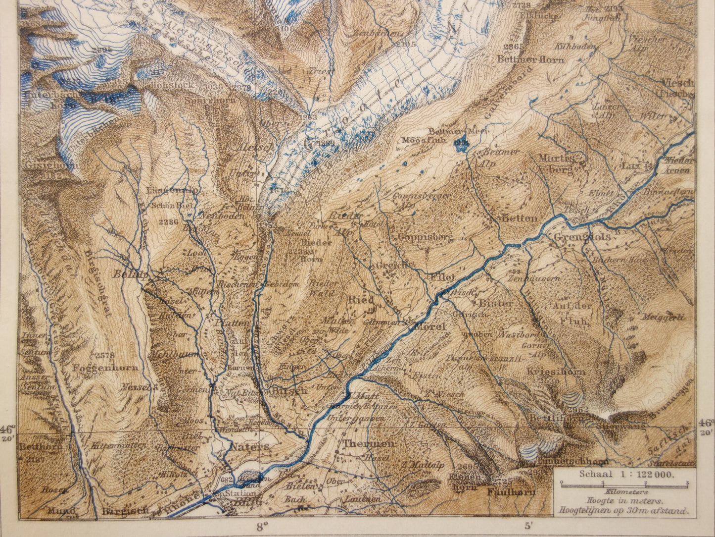 Alte Karte des Aletschgletschers von 1908, Originalkarte aus der Aletschregion in der Schweiz