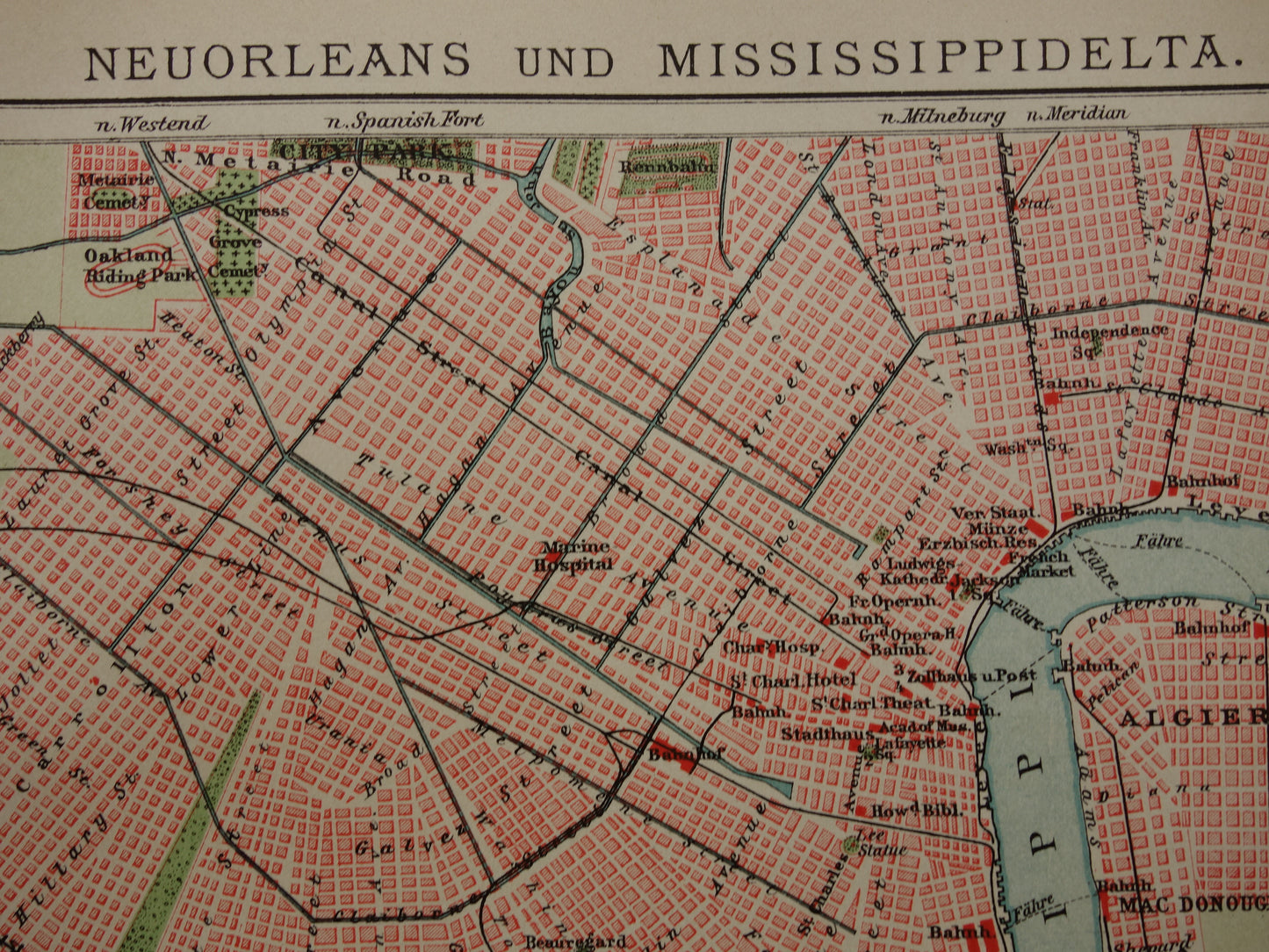 New Orleans oude plattegrond uit 1905 originele antieke Duitse kaart van de New Orleans en Mississippi delta met jaartal