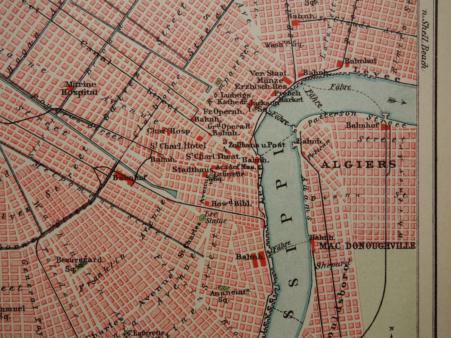 New Orleans oude plattegrond uit 1905 originele antieke Duitse kaart van de New Orleans en Mississippi delta met jaartal
