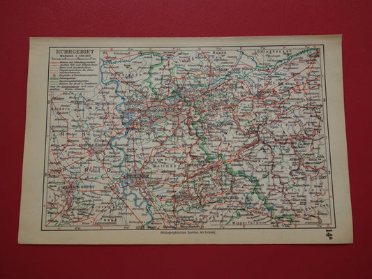 RUHRGEBIED Kleine oude landkaart van Ruhrgebied uit 1928 originele vintage Duitse kaart Keulen Essen Dortmund