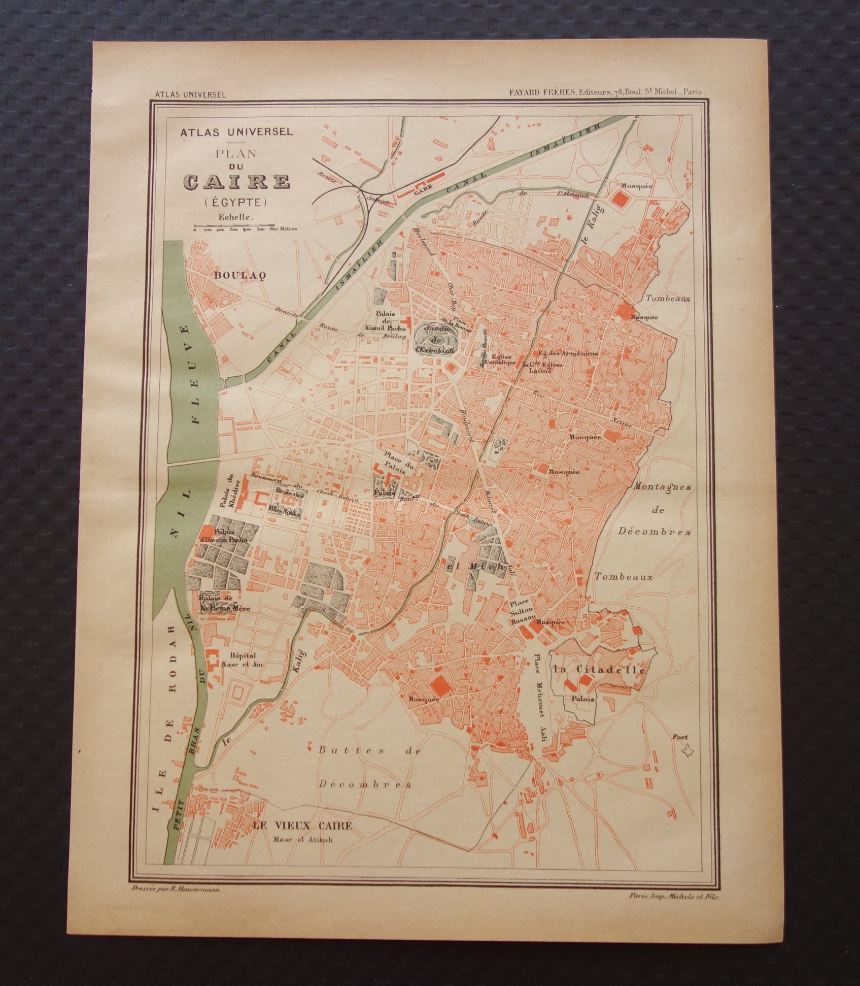 Oude kaart van Caïro Egypte uit 1877 antieke Franse plattegrond van Cairo

