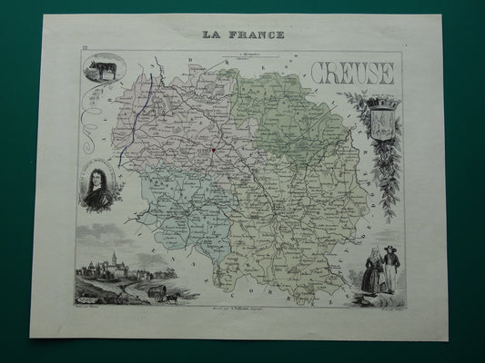 CREUSE Kaart van Creuse departement in Frankrijk uit 1870 originele antieke oude handgekleurde landkaart Guéret