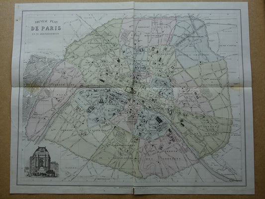 Oude plattegrond van Parijs uit het jaar 1869 BESCHADIGD Grote originele antieke kaart Parijs historische vintage kaarten