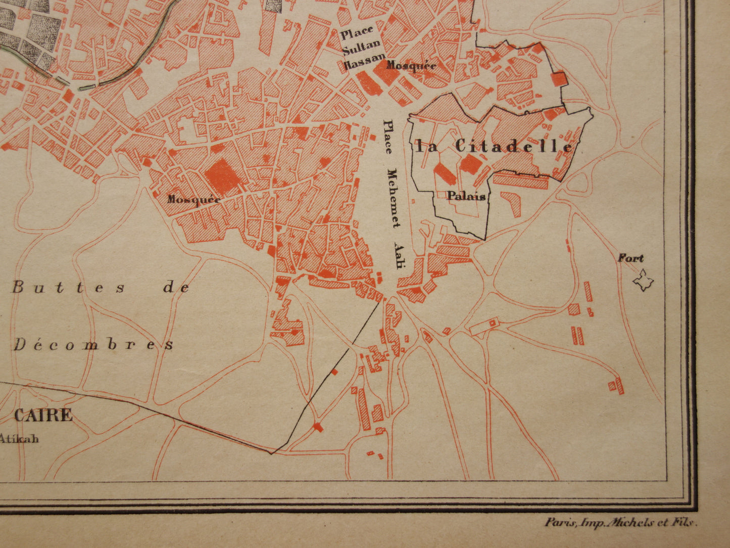 Oude kaart van Caïro Egypte uit 1877 antieke Franse plattegrond van Cairo