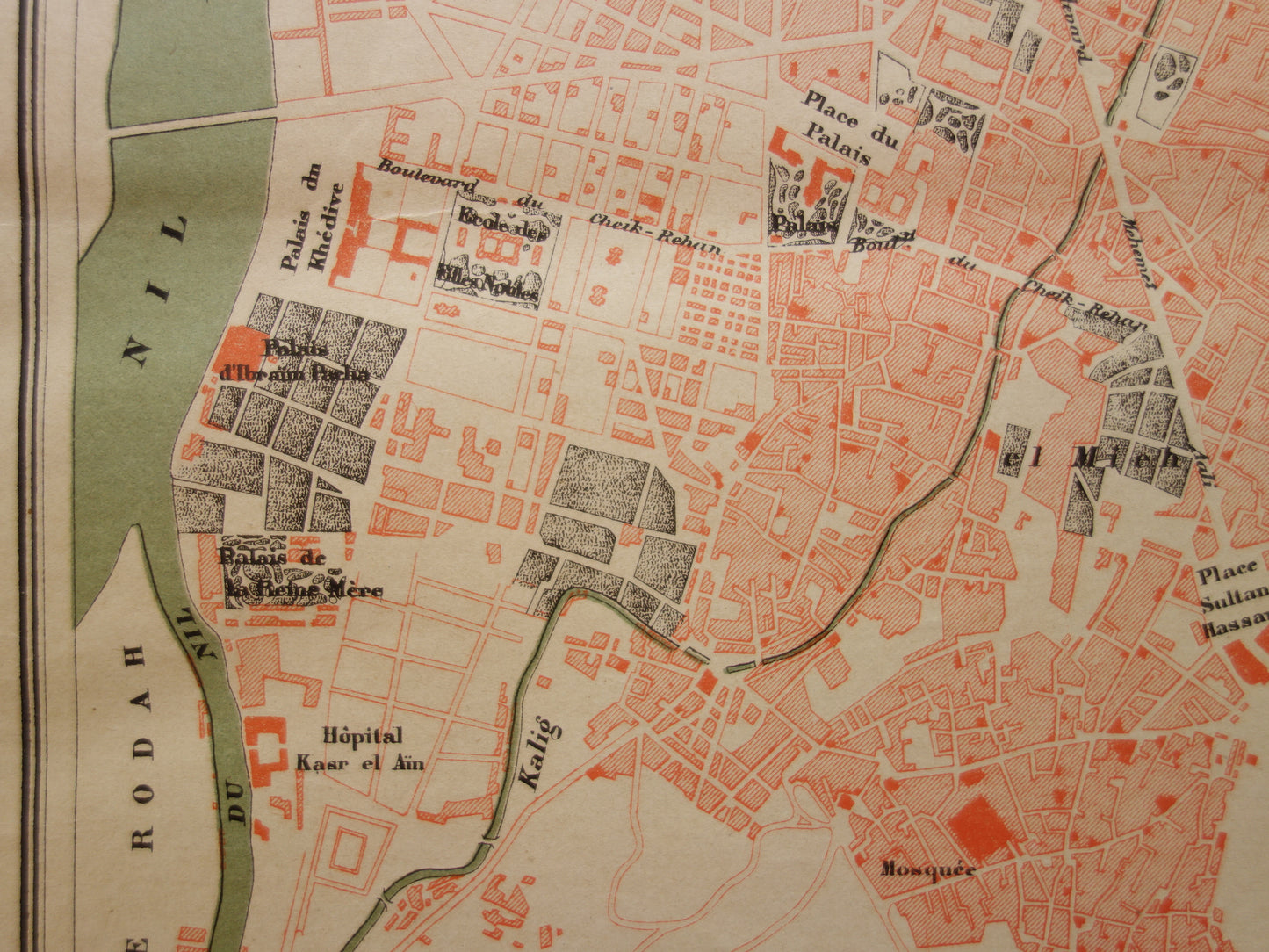 Oude kaart van Caïro Egypte uit 1877 antieke Franse plattegrond van Cairo