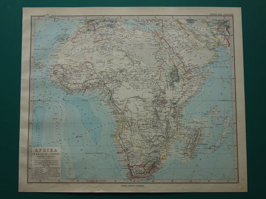 Antieke landkaart van Afrika in 1884 Grote originele 140+ jaar oude handgekleurde kaart poster van Afrikaans continent