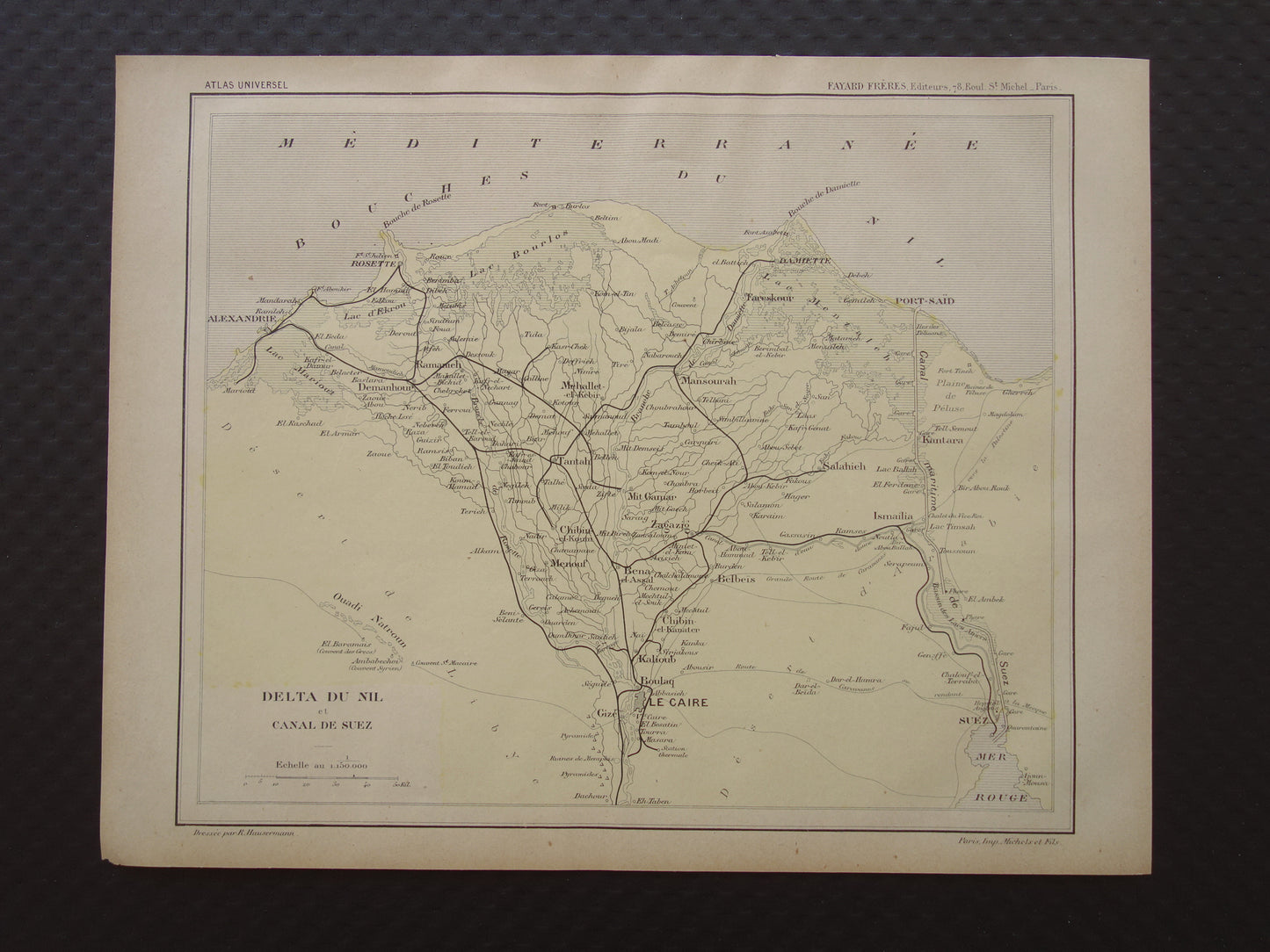 EGYPTE antieke kaart van de Nijldelta uit 1896 Oude Franse handgekleurde landkaart monding van de Nijl