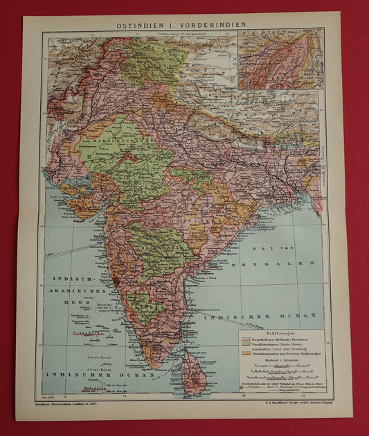 INDIA oude gedetailleerde kaart van India 1908 originele vintage landkaart