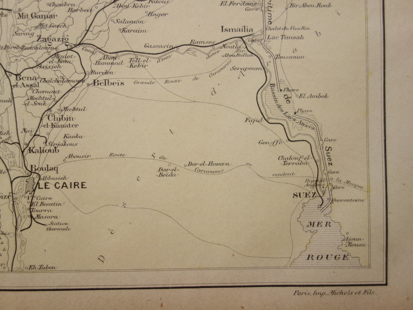 EGYPTE antieke kaart van de Nijldelta uit 1896 Oude Franse handgekleurde landkaart monding van de Nijl