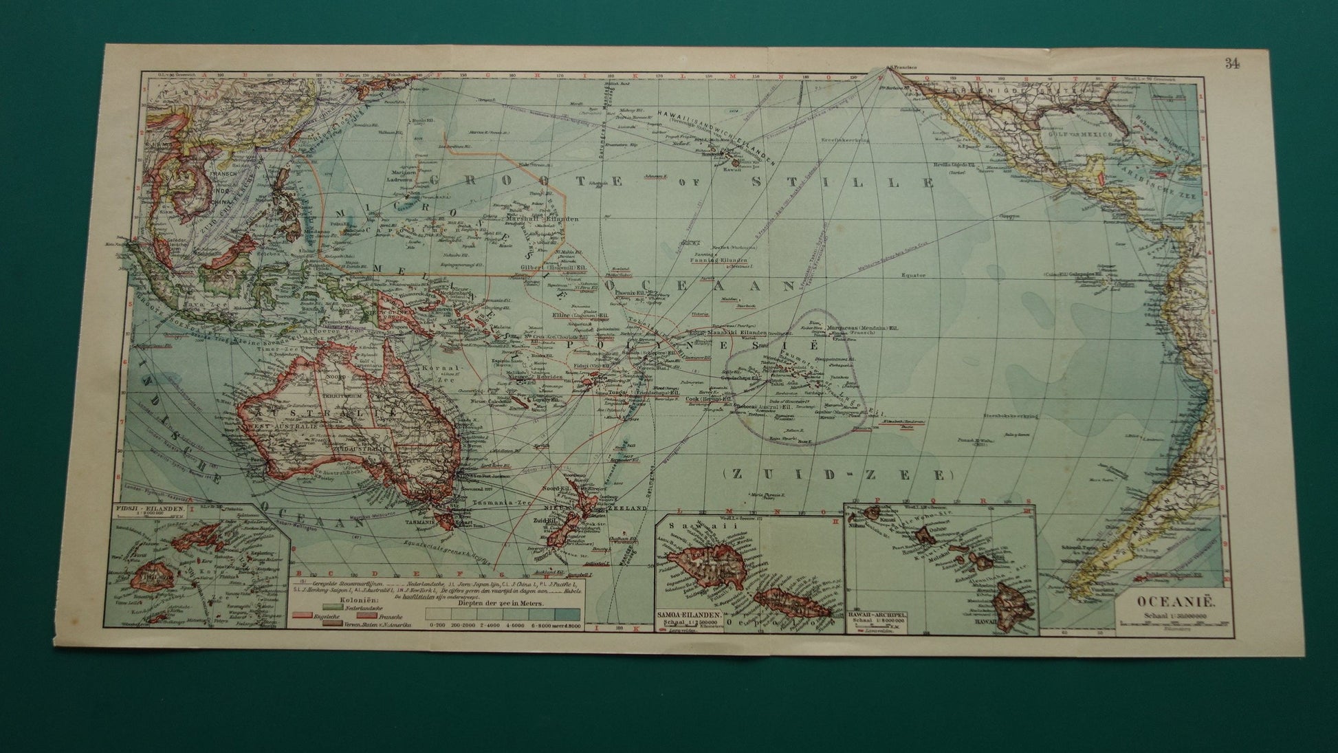 Oude kaart van Oceanië 1929 originele Nederlandse vintage landkaart continent