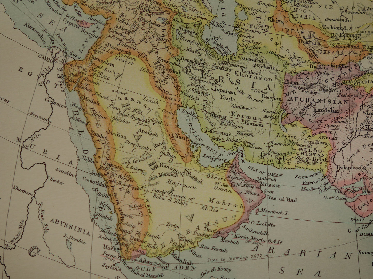 AZIË oude kaart 1890 originele antieke Engelse landkaart van continent Azië poster