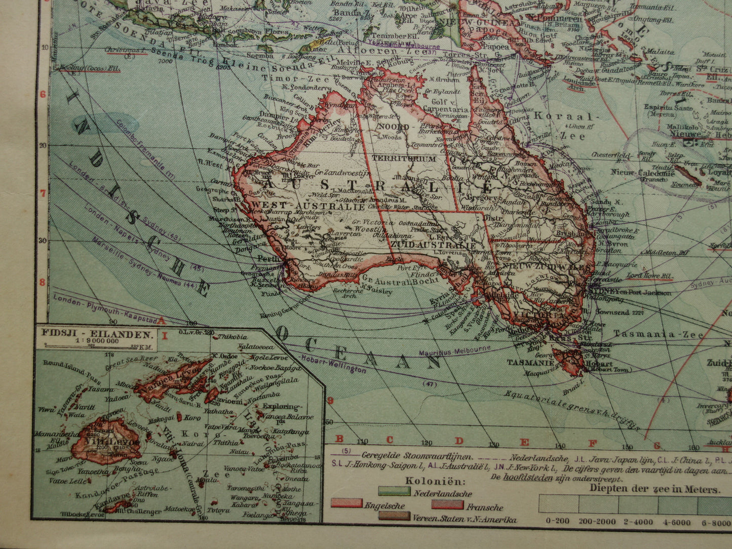 Oude kaart van Oceanië 1929 originele Nederlandse vintage landkaart continent