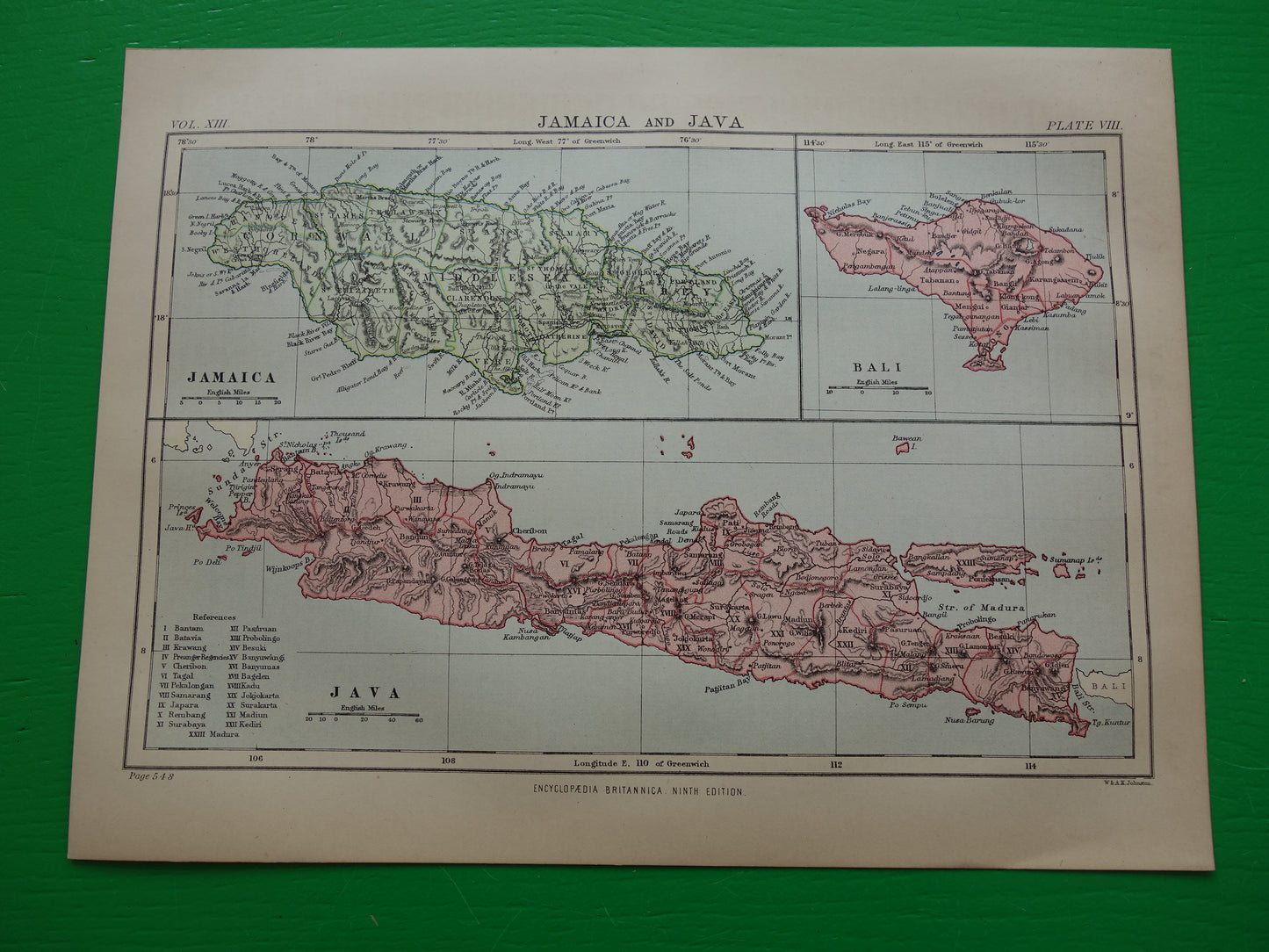 Oude landkaart van Jamaica Java en Bali originele antieke Engelse kaart uit 1880 vintage kaarten