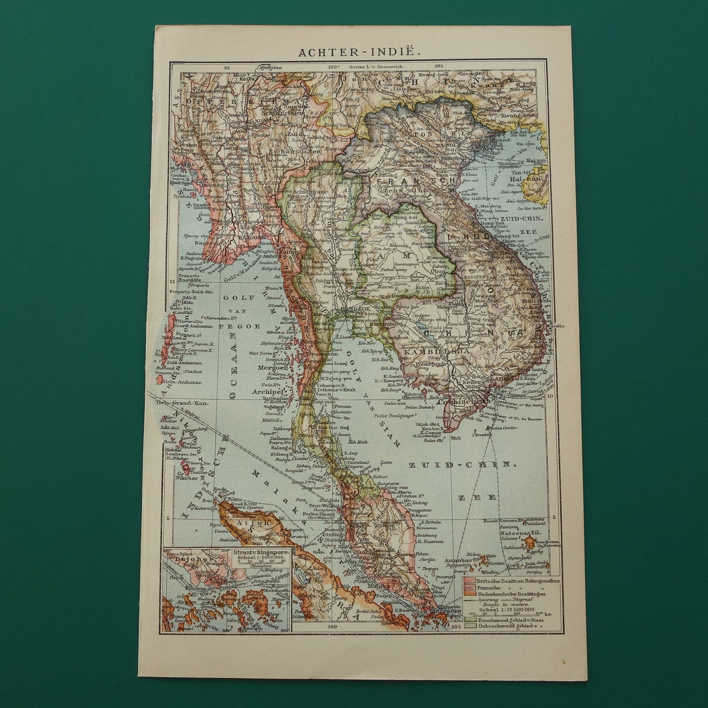 Oude kaart van zuidoost Azië uit 1910 originele antieke Nederlandse landkaart Thailand Vietnam Cambodja Maleisië
