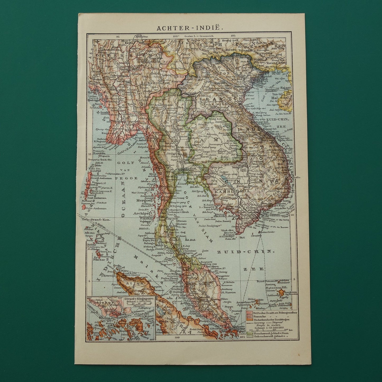 Oude kaart van zuidoost Azië uit 1910 originele antieke Nederlandse landkaart Thailand Vietnam Cambodja Maleisië