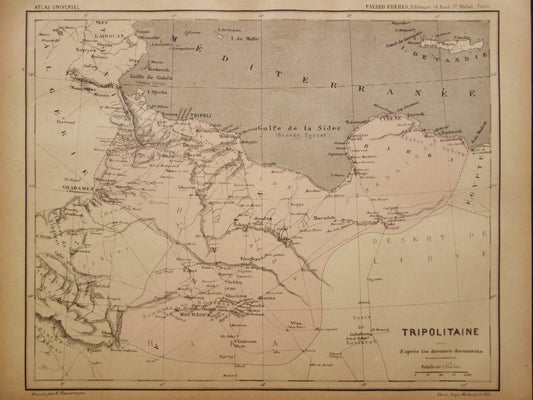 Libië oude kaart 1896 originele antieke Franse landkaart Tripoli