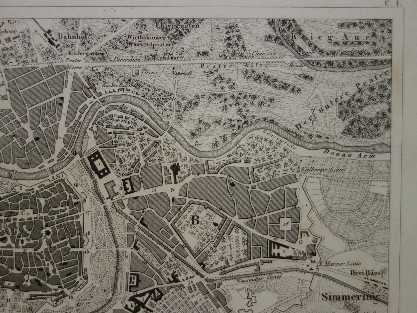 WENEN oude plattegrond van Wenen uit 1849 originele antieke kaart zwart/wit Oostenrijk