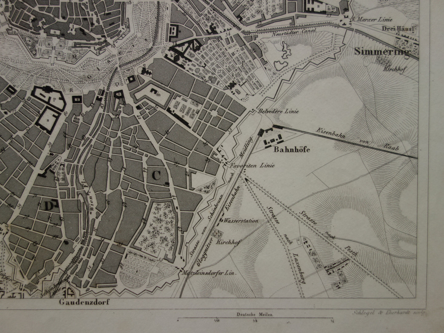 WENEN oude plattegrond van Wenen uit 1849 originele antieke kaart zwart/wit Oostenrijk