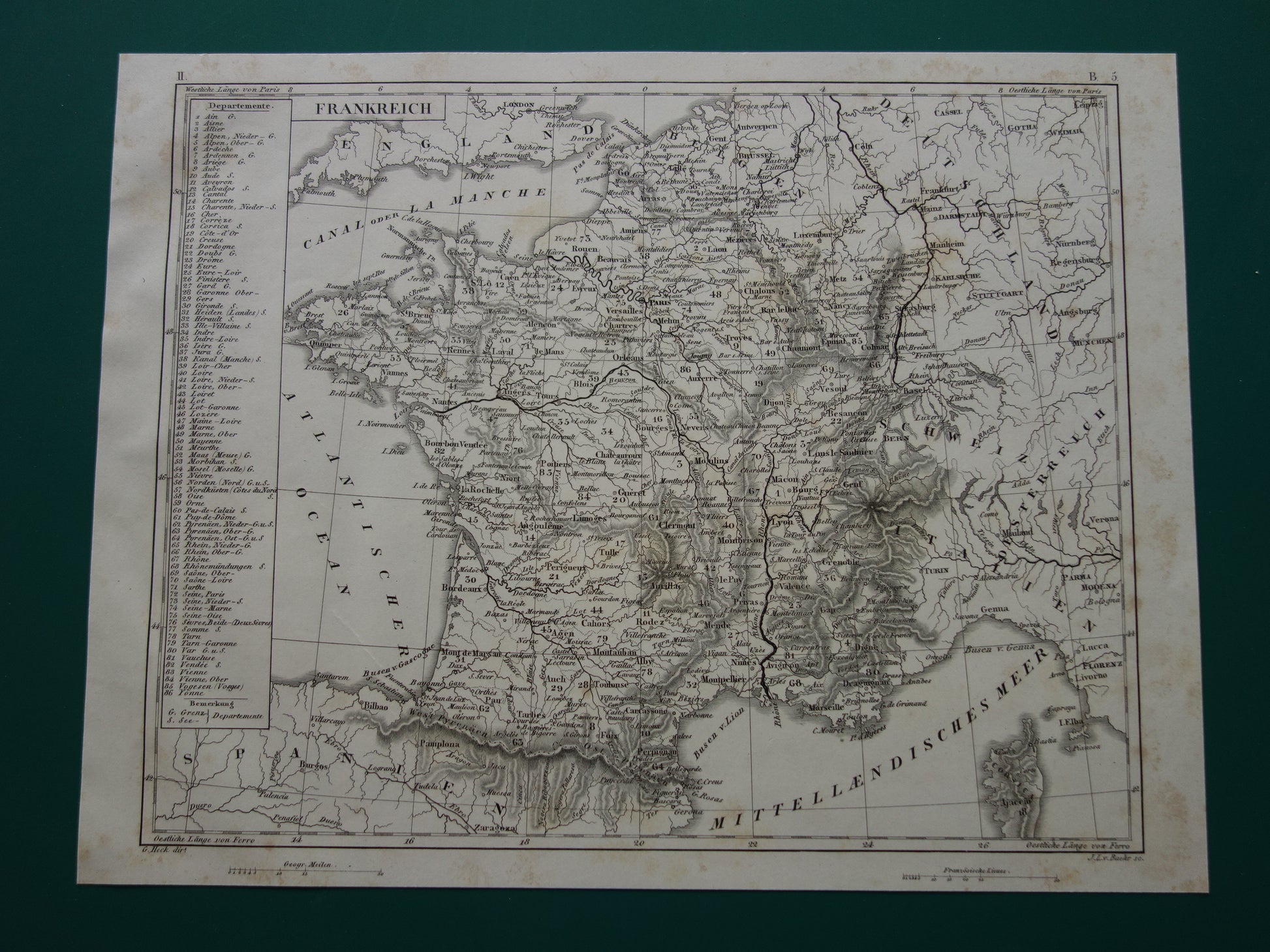 175+ jaar oude landkaart van FRANKRIJK uit 1849 originele antieke kaart zwart/wit