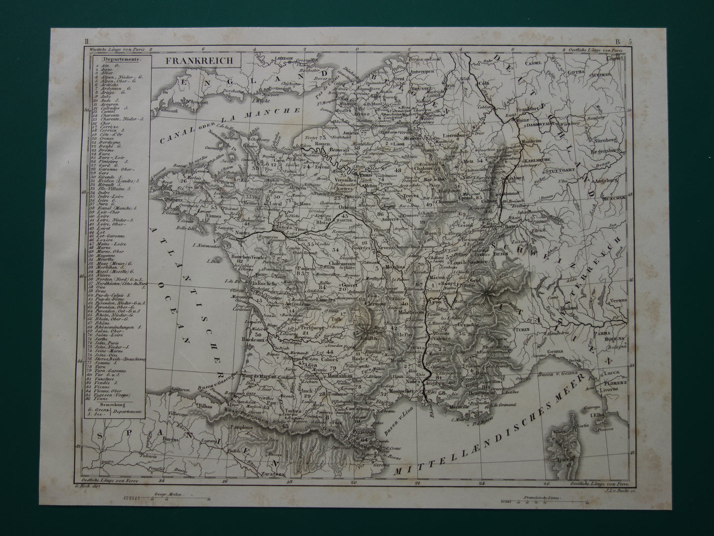 175+ jaar oude landkaart van FRANKRIJK uit 1849 originele antieke kaart zwart/wit