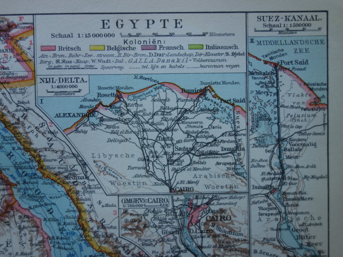 EGYPTE vintage Nederlandse kaart van Noordoost-Afrika uit 1932 met Suezkanaal Caïro Nijldelta landkaart - originele oude kaarten